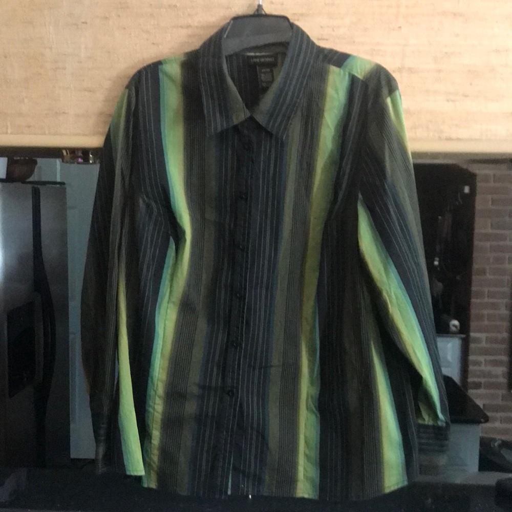 Lane Bryant long sleeve button down black shirt  with green ombré stripes